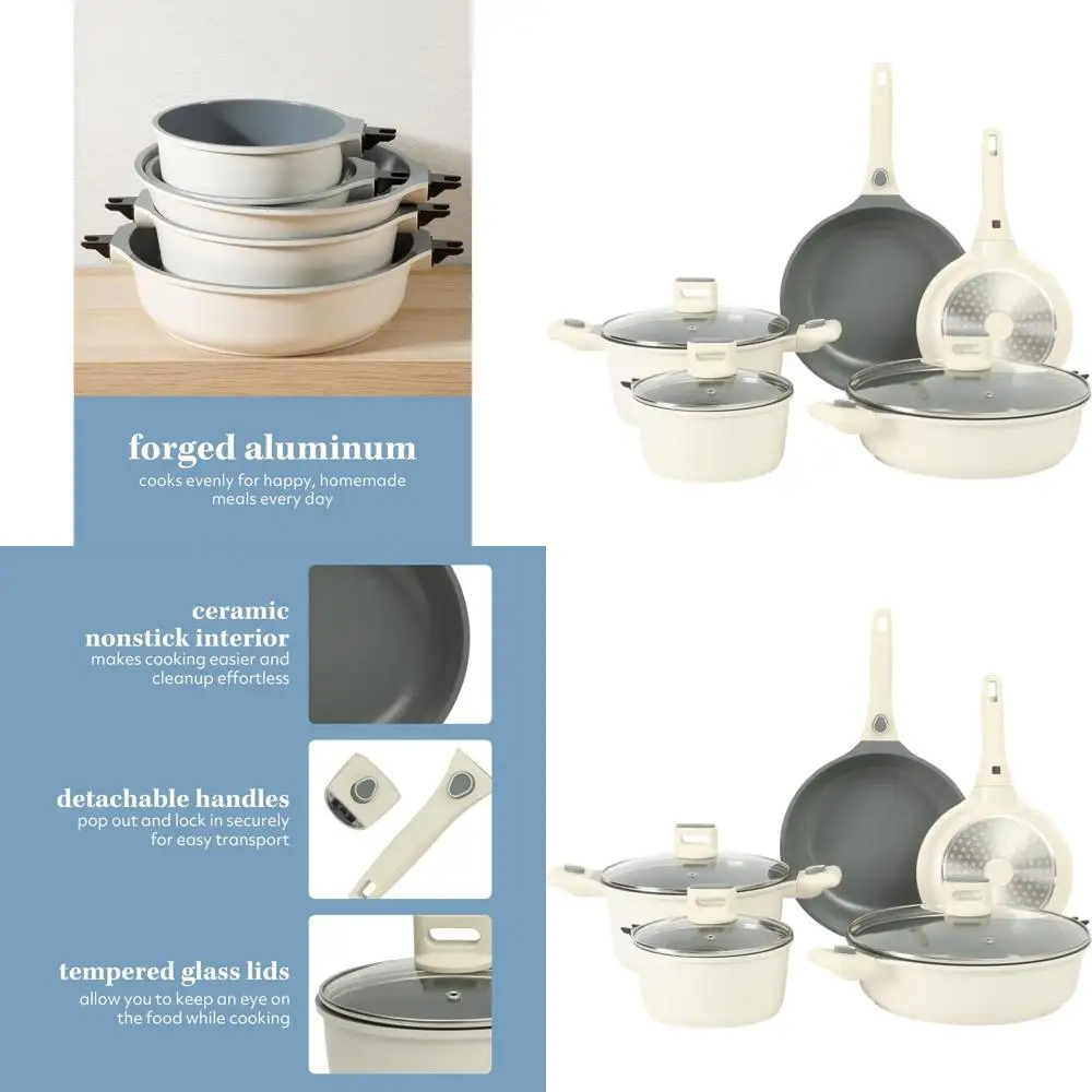 

13-Piece Detachable Handle Cookware Set - Premium Ceramic Non-Stick, PFA Free, Induction Safe, Eggshell White