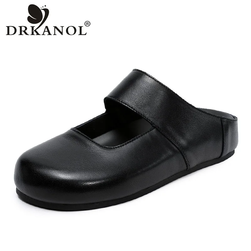 

DRKANOL Women Flat Slippers 2026 Summer Slingback Shoes Solid Color Genuine Leather Sheepskin Outside Casual Slippers Slides