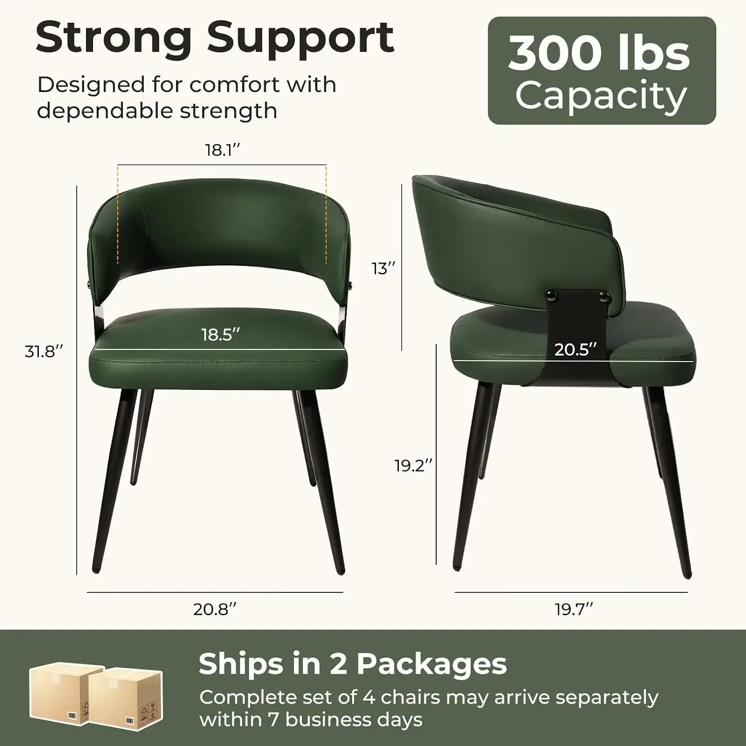 Dining Chairs Set of 4, Modern Upholstered Faux Leather Kitchen Chairs with Curved Back, Easy to Assemble & Clean for Dining Roo