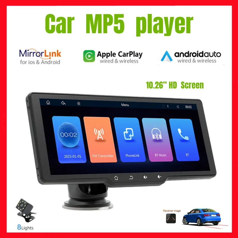 

10.26 "HD touch screen Portable wireless Apple carplay and /Android-Auto Car MP5 Player FM Transmitter USB TF Video Player B514