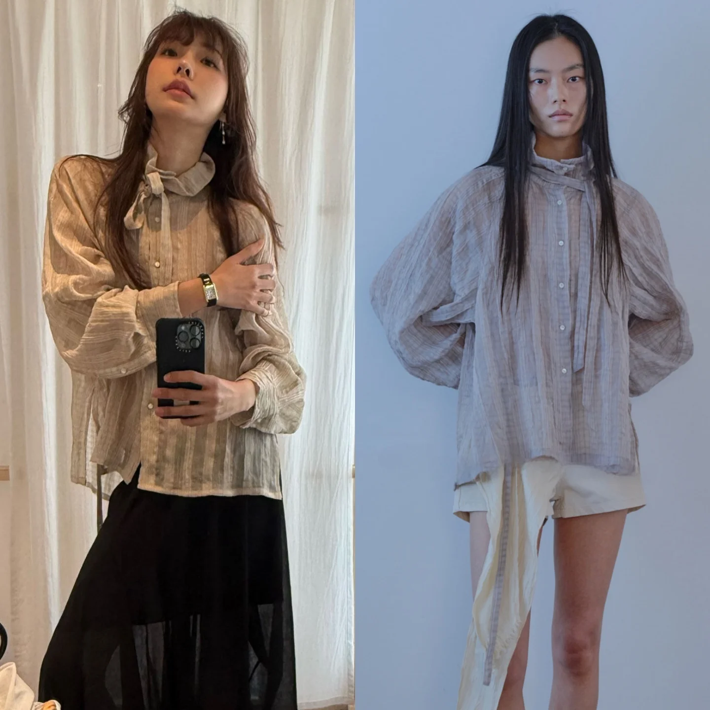 

Slimming Plaid Shirt with Tie High Collar Detachable Korean Style Commute Fashionable Versatile Women's Long Sleeve Button up...