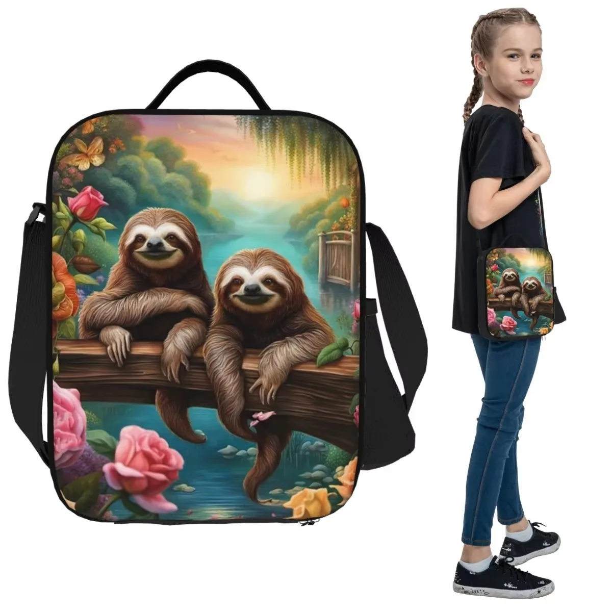 Lovely Sloth Print Insulated Lunch Tote Reusable Thermal Picnic Bag for Kids Women Travel