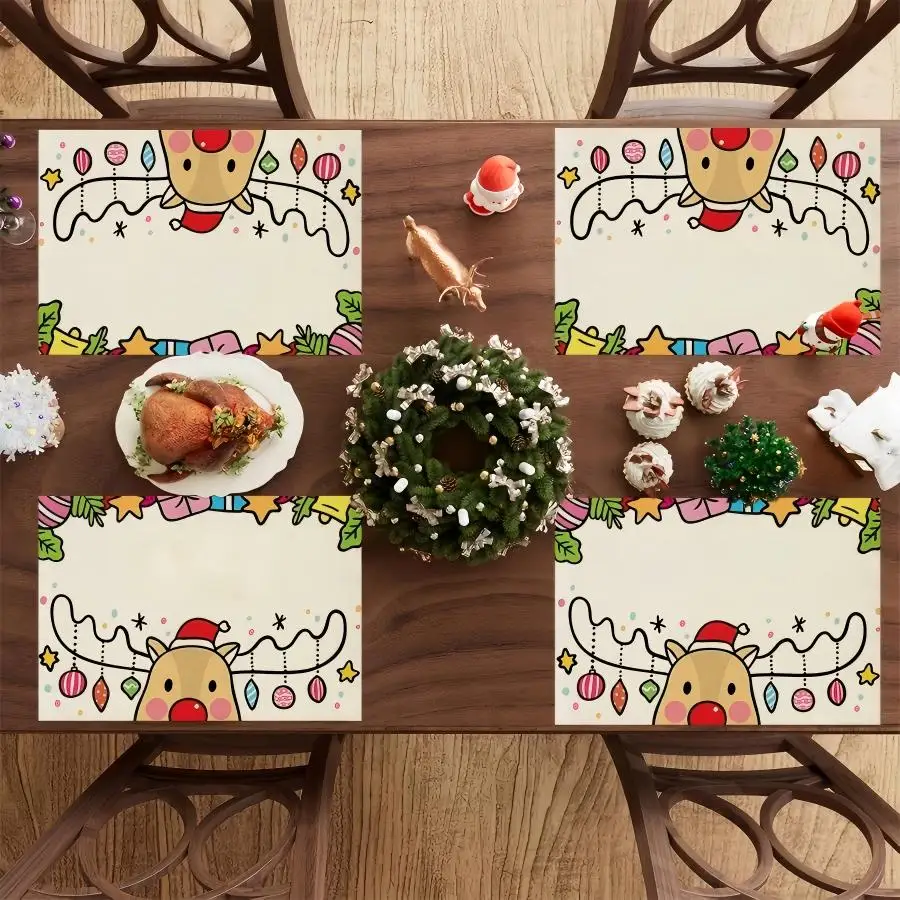 Christmas Placemats Cute Hand Drawn Elk Linen Table Mats Non-Slip Wipe Clean for Xmas Holiday Dinner Party Home Decor