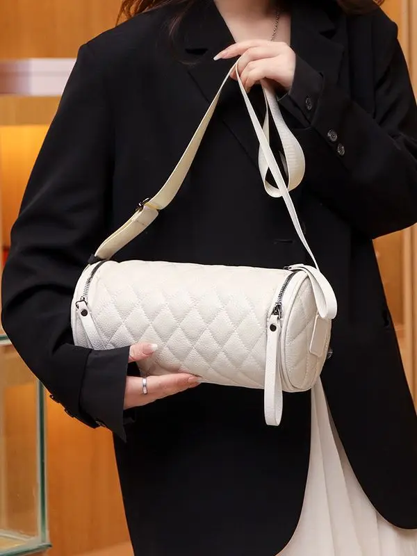 Genuine leather bag 2025 large capacity fashionable single shoulder crossbody women's bag large cowhide round bucket bag