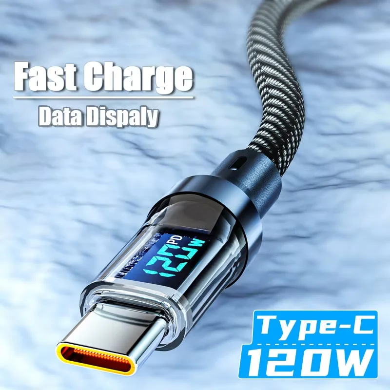 สาย USB เป็น Type C 120W พร้อมหน้าจอแสดงผลดิจิตอล รองรับการชาร์จเร็วพิเศษ 100W PD สายดาต้า Type C to Type-C สำหรับ Xiaomi Samsung Huawei