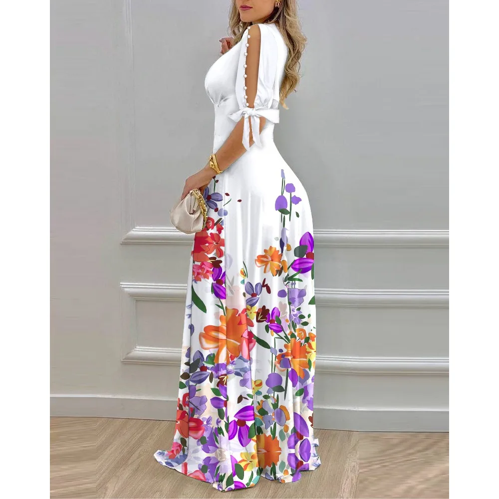 

V-neck Dress Slim Fits High Waist Summer Maxi Dress Women Short Foam Bead Strap Sleeve Printing Full Length Party Dress