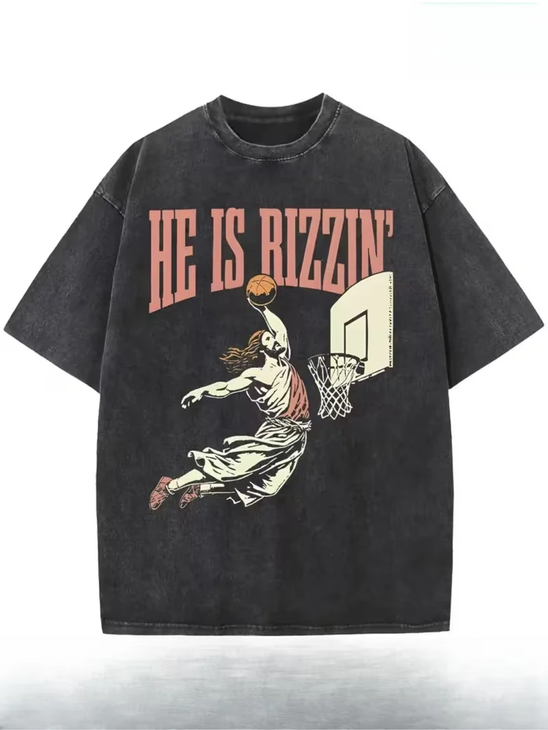 Vintage Washed He Is Rizzin Jesus Basketball Dunk Graphic T-Shirt, Funny Meme Sports Retro Casual Short Sleeve Unisex Top