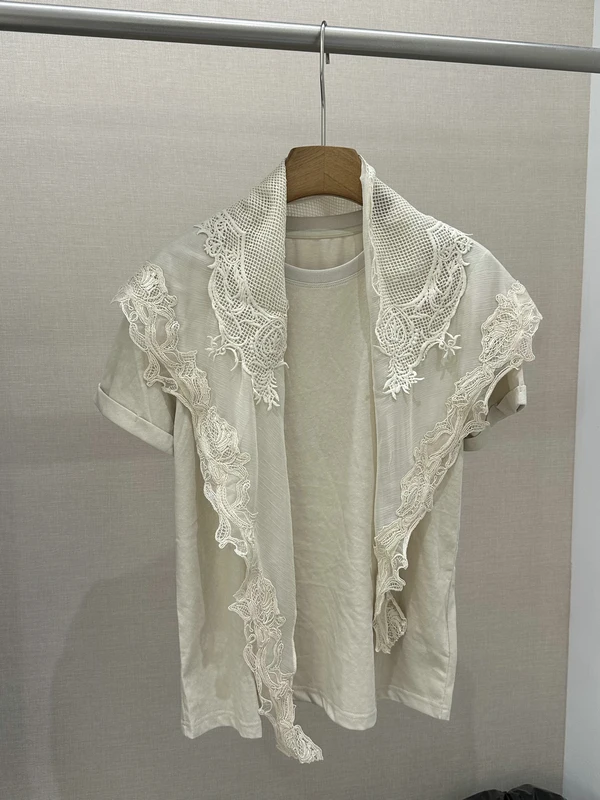 

Casual Style Lace Short Sleeve Women's T-Shirt Loose Fit Pure Color Versatile Shoulder Wrap Spring Summer Slimming Effect