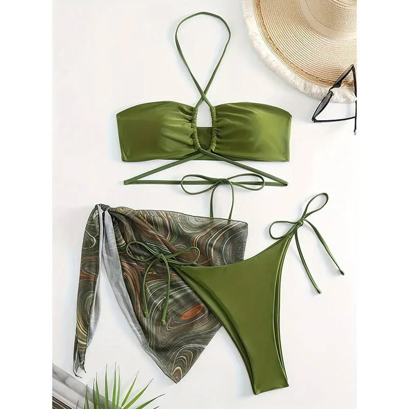

Новинка 2025 года, купальный костюм с накидками, сексуальный комплект бикини на шнуровке, купальник из трех предметов, микро-бикини, женский купальник
