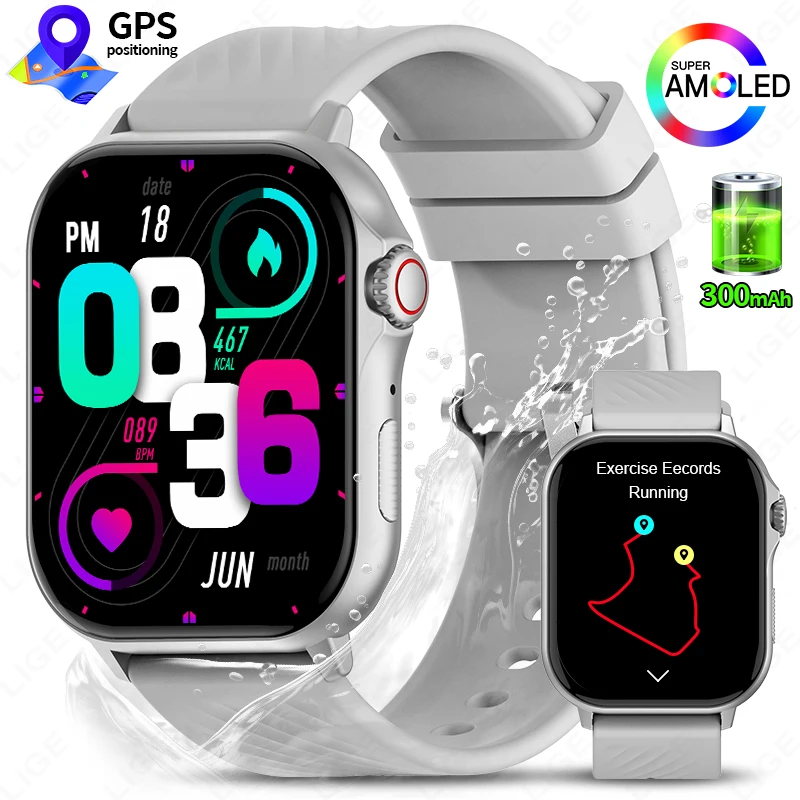 

LIGE New 2.13” AMOLED Screen Smart Watch For Men Women 1ATM Waterproof Sports Fitness GPS Tracker Health Monitor Men Smartwatch