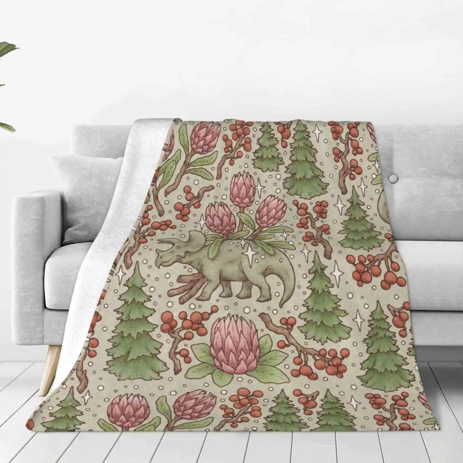 Holiday Triceratops | Festive Dinosaur | Christmas Colors Soft Warm Throw Blanket Dinosaur Triceratops Holiday Christmas Winter