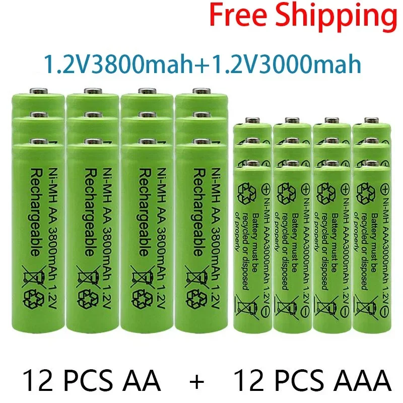 3800mAh 1.2V AA Rechargeable Battery+3000mAh 1.2V AAA Batteries NI-MH AA AAA Rechargeable Batteries, Suitable for Camera Toys