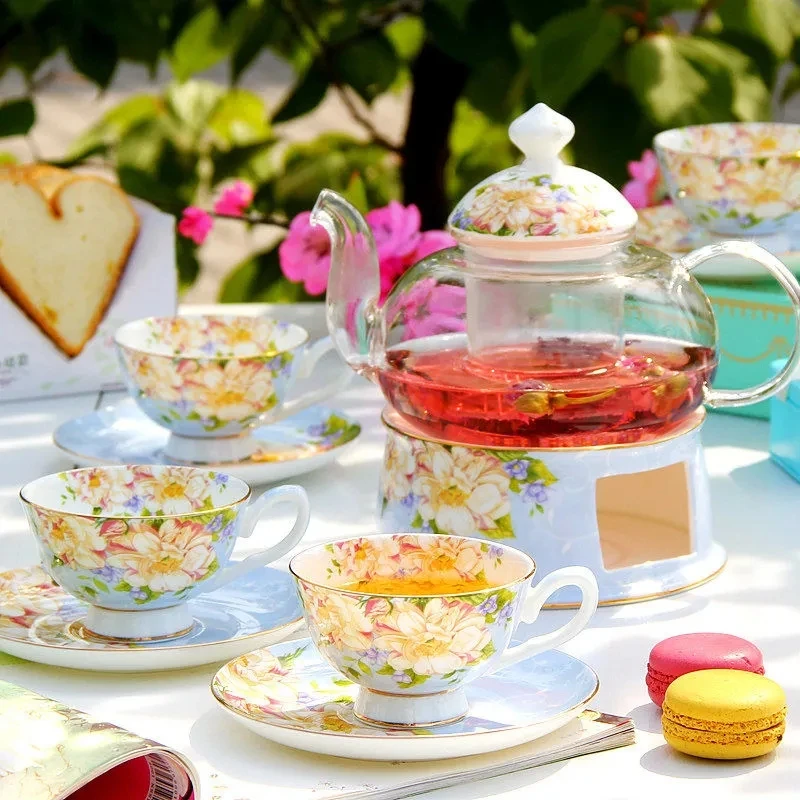 

Glass Tea set European Home Boiled Flower Teapot Ceramic Red Tea Cup Set Full Set Afternoon Teaware Set Can Be Heated