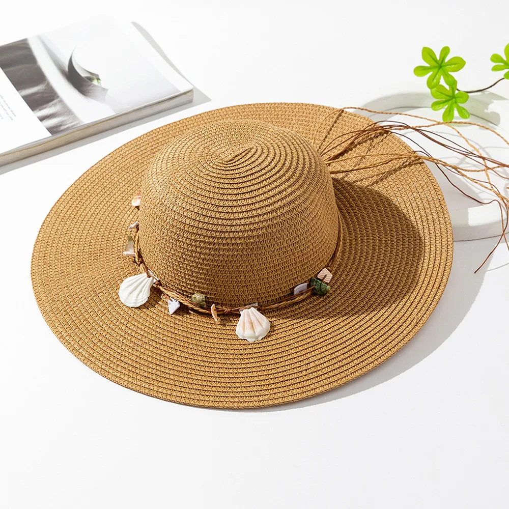 New Round Top Wide Brim Straw Hat Shell Decor Sun Protection Beach Cap Women