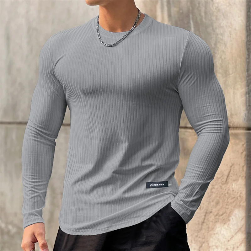 Trendy striped brand fitness breathable long sleeve running training T-shirt elastic quick drying sports T-shirt men clothing