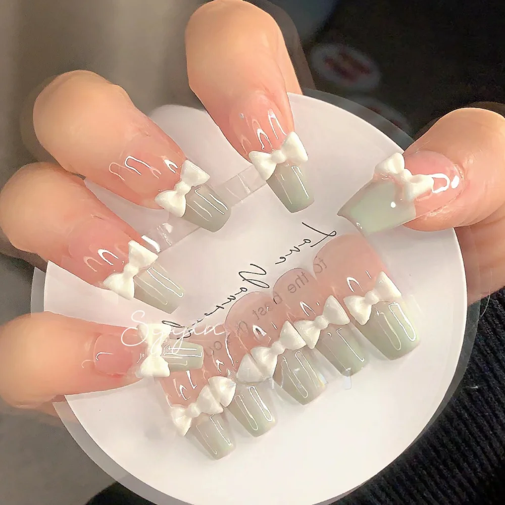 Removable Milk Green French Style Bow False Nail Patch Handmade Wearable Nail Art Nail 10 Piece Finished Set  Nail Accessories