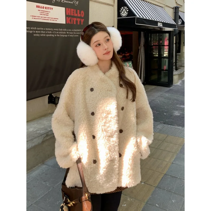 المرأة الخريف الشتاء واحدة الصدر الخامس الرقبة معطف الصوف سيدة الشارع الشهير بلون طويل الأكمام فضفاضة رقيق الصوف الفراء أبلى