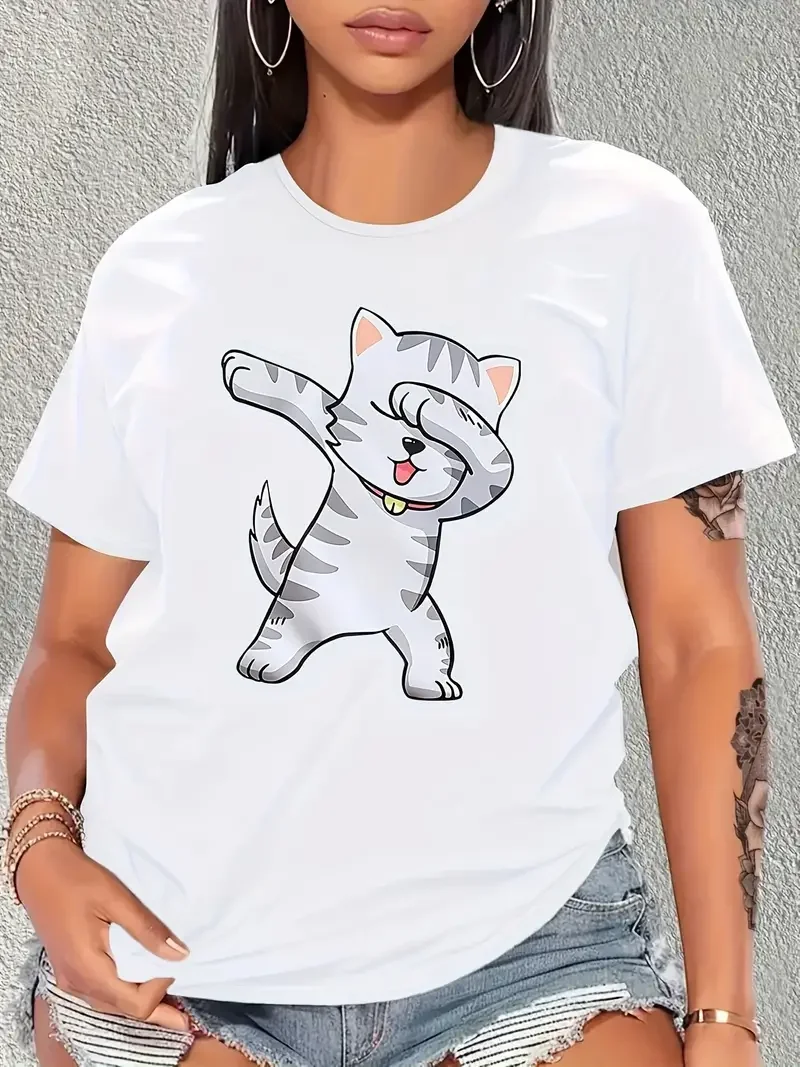 

Cartoon Cute Cat Graphic T-Shirt Summer Women's Funny Fashion Harajuku Short sleeve Casual Round Neck clothes Street dressing