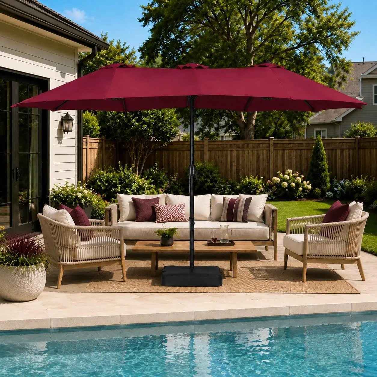13FT Double-Sided Patio Umbrella w/Base 12 Ribs Vented, Burgundy