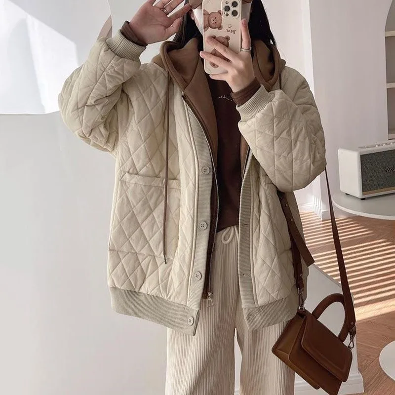 Women's Clothing Autumn Winter Warm Cotton Jacket Quilted New Fashion Patchwork Faux Two-piece Thicken Cotton Coat Comfortable