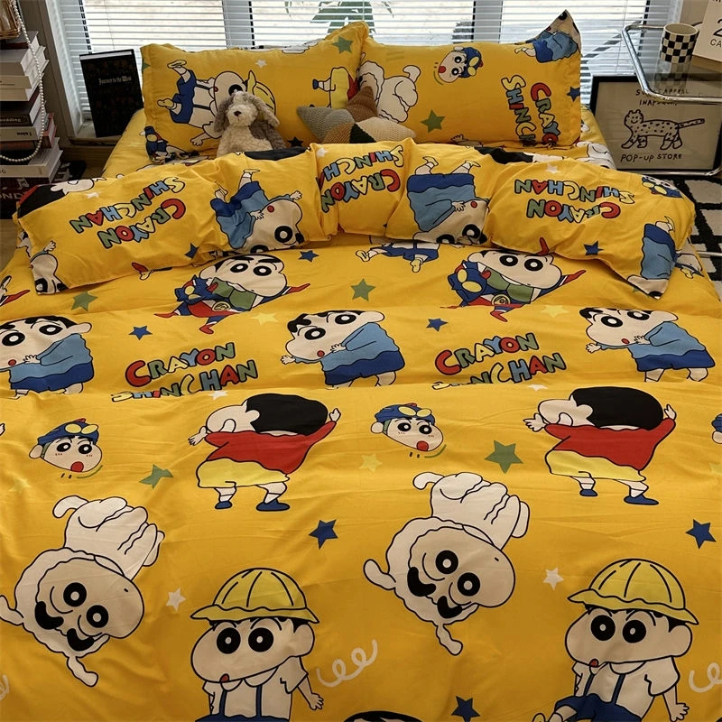 Hot Sale Crayon Shin-Chan Bed 3/4pcs Bedding Set Cartoon Cute Anime Bedroom Students School Dormitory Bed Sheets Set Pillow Case