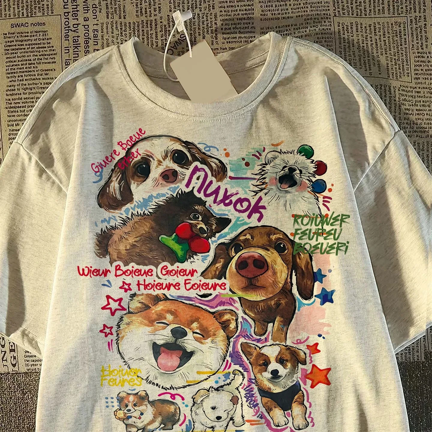 ヴィンテージ犬プリントTシャツ レディース 綿100% 夏 Y2K Tシャツ 和風 バーガンディ 半袖トップス オーバーサイズTシャツ