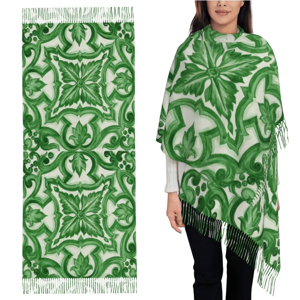 

Зеленый декоративный цветочный средиземноморский сицилийский шарф из плитки, шарфы с кисточками для женщин, шали и накидки, длинная осенне-зимняя шаль