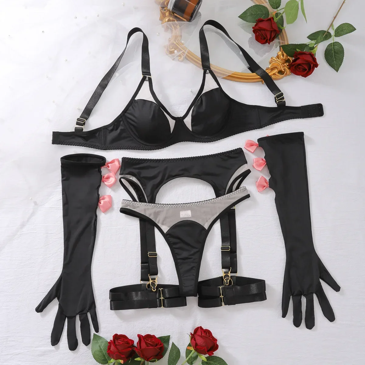 New Perspective Mesh Spliced Bra with Bow Gloves Women's Black Erotic Apparel Lingerie Five Piece Set Female Sexy Underwear Suit
