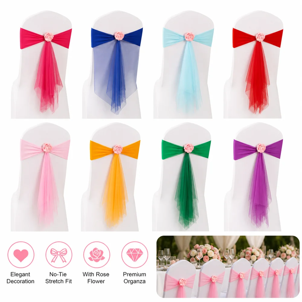 Bows Chair Back Bow Decorative Belt Rose Flower Ready Made Satin Chair Sashes Elastic Band Ties Fastening Chair Bow Ties