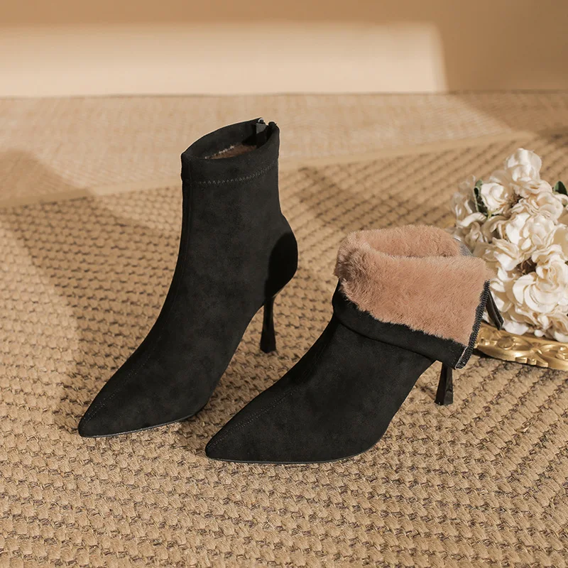 

32-43 Winter Women's Pointed Toe Ankle Boots Fur Lined Suede Thin Heel Zip Design Warm Short Boots