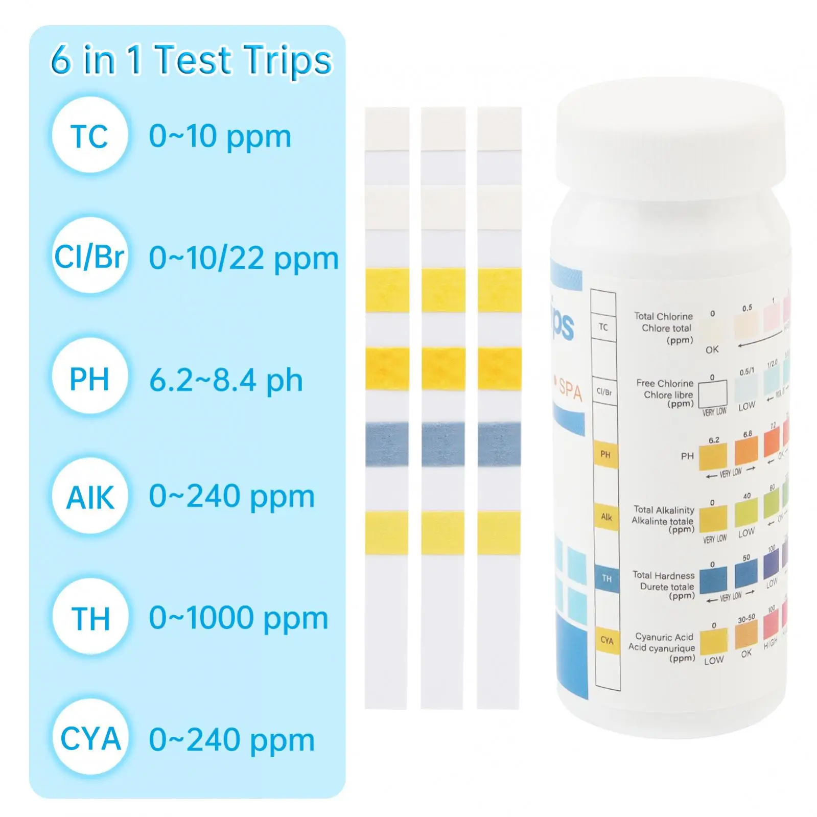 50pcs 6 In 1 Water PH Test Strips Total Free Chlorine Total Alkalinity CYA Hardness Swimming Pool Spa Hot Tub Testing Strips Kit