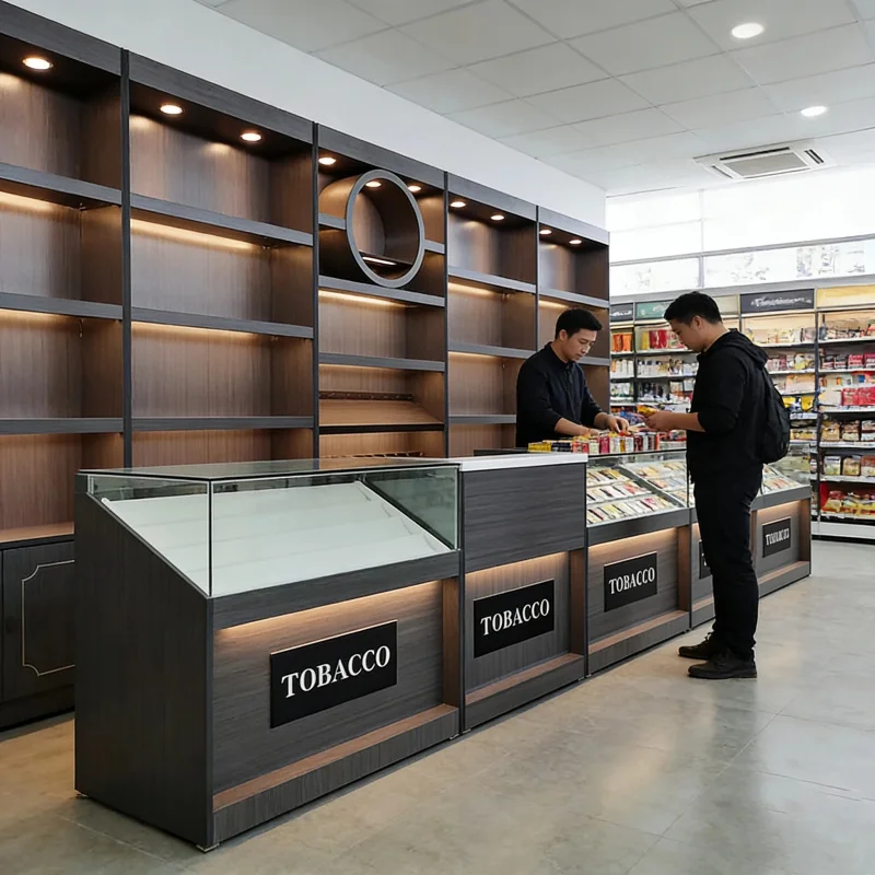 custom.Customized Solid Wood & Steel Display Stand Tobacconist's Luxury Red White LED Counter Adjustable Durable Floor Mount view 4