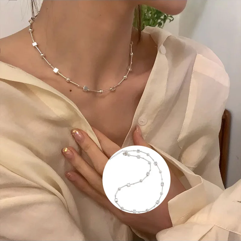 Women's 925 Sterling Silver Bead Geometry Necklace, Korean Design