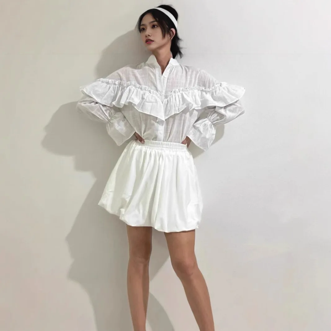 2025 Nieuwe Mode Ruche Button-down Shirt Vrouwen Zomer Casual Losse Effen Kleur V-hals Thuis Lange mouwen Top voor Vrouwen