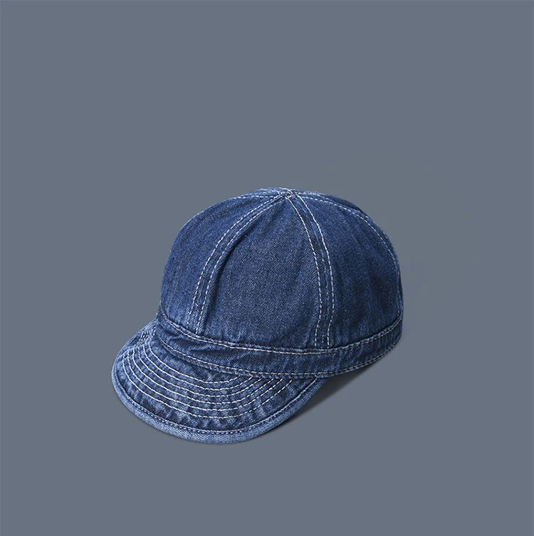 Spring and Autumn short-brimmed, water-washed, aged vintage denim cap with a shallow top and a back cover, Japanese-style artist