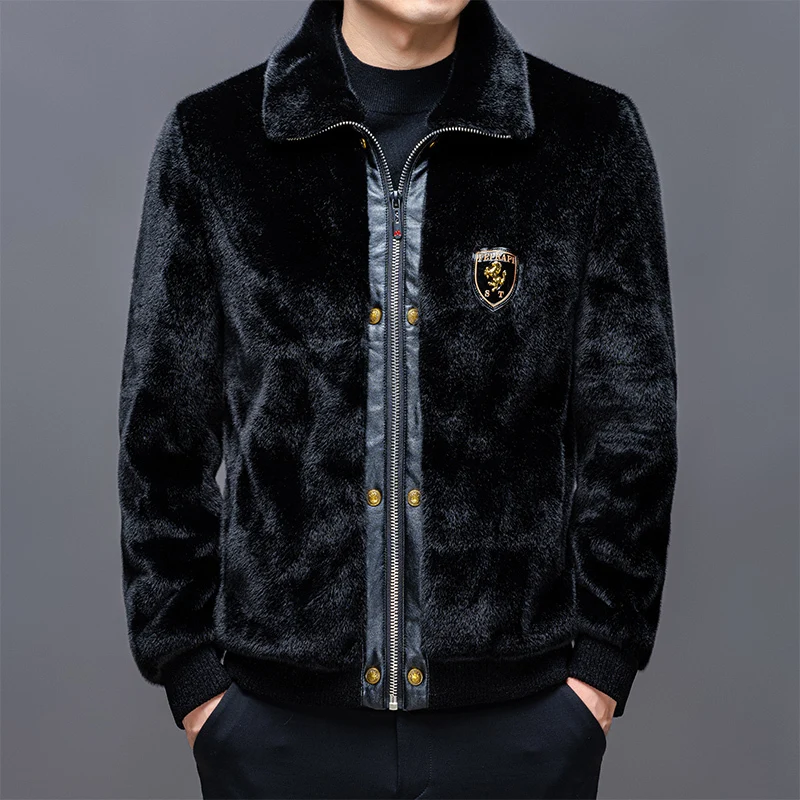 2025 Mink Coat Men'sThick Warm Mink Fur Men's Faux Leather Jacket Men Velvet Lapel Jacket Veste Cuir Homme Jaqueta Motoqueiro