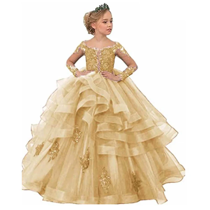 Luxury Lace Kids Flower Girl Dresses For Wedding With Long Train Princess Girls Pageant Holy Communion Birthday Party Dress