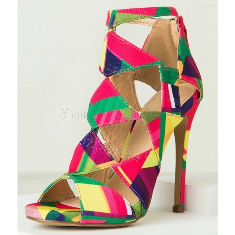 Colorful Geometric Print Hollow Design Sandals Back Zipper Women Shoes Thin High Heels Open Toe Dating 2026 Zapatos Para Mujere
