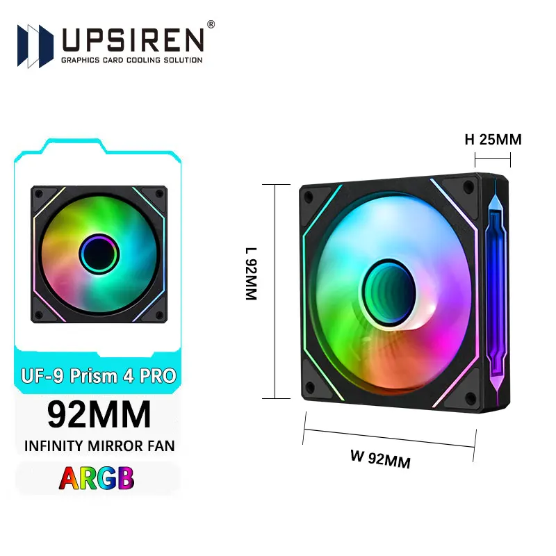 UPSIREN UF-9 PRISM 4 PRO ventilador de chasis de computadora 92mm ARGB 4 pines PWM ventilador de refrigeración silencioso 12V gran volumen de aire 40CFM/800-2500RPM