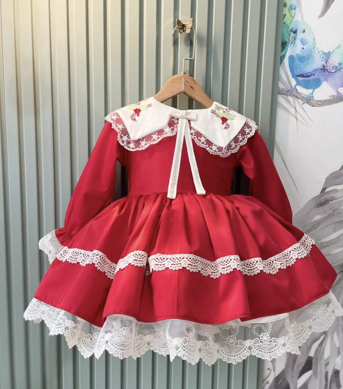 Baby Girl Autumn Flowers Embroidery Vintage Princess Ball Gown Red Dress for Party Christmas Eid Birthday Casual Photography C13