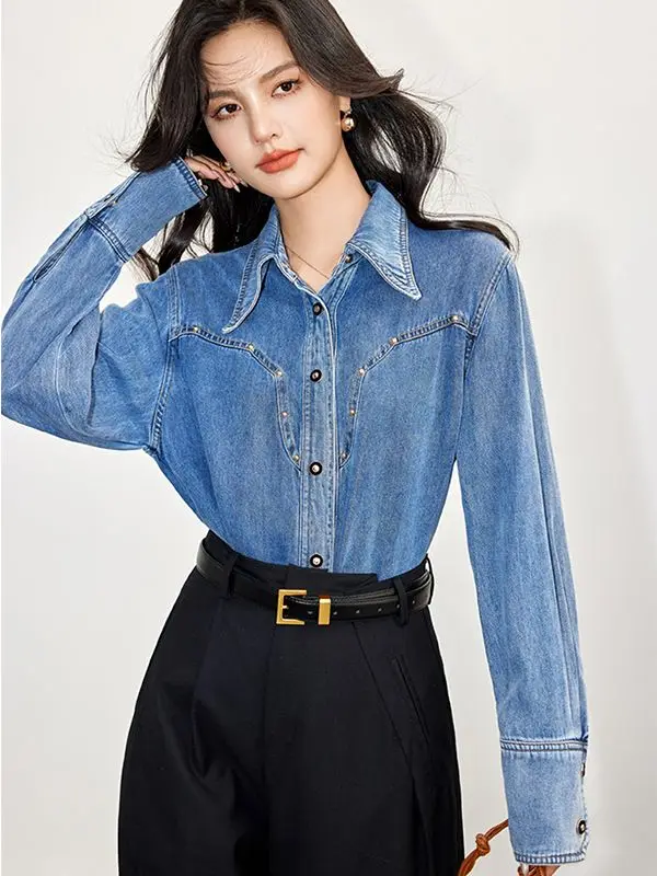 Retro Hong Kong Style Denim Shirt Women\'s Design Loose Fit Niche Long Sleeved Shirt Outerwear 2024 Spring and Autumn New Item