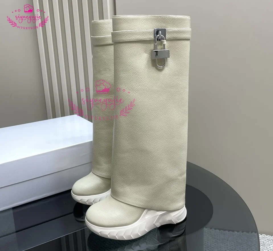 Shark Boots Women Lock Straps Warm Wool Casual Winter Shoes Snow Boots Women Knee High Winter Long Boots