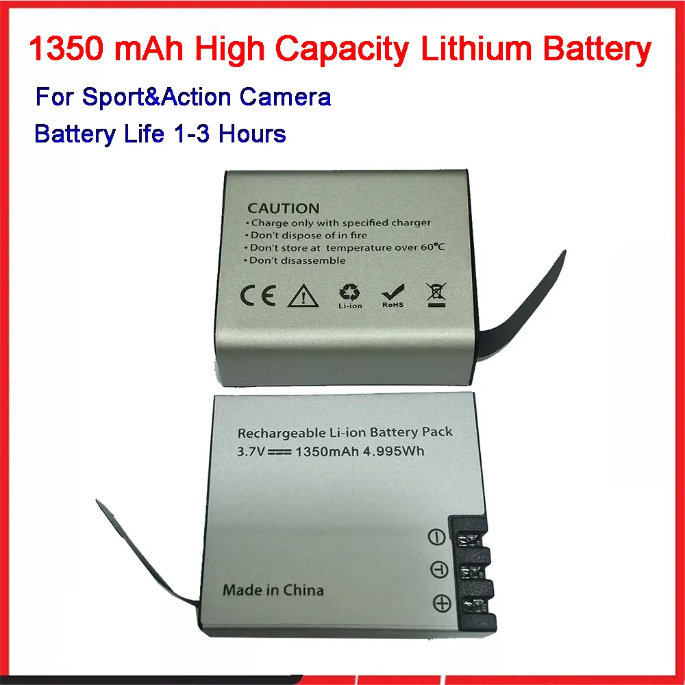 Batterie et chargeur au lithium de grande capacité, caméra de sport étanche, caméra d'action, autonomie de 1 à 3 heures, 1050/1350 mAh