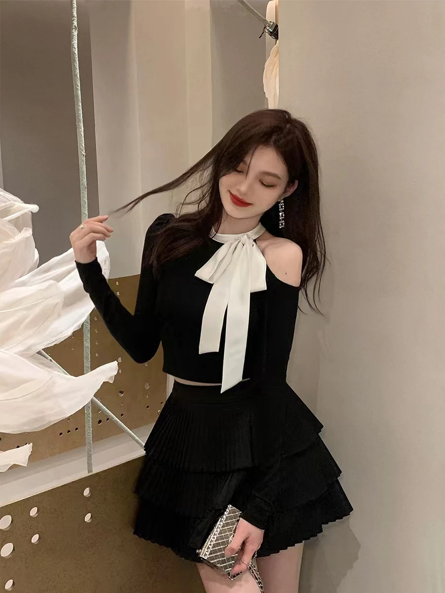 

Sexy Suit Women's Summer Off Shoulder Slim Bow Long-sleeved Knitwear High Waisted A-line Skirt Two-piece Set Female Clothes
