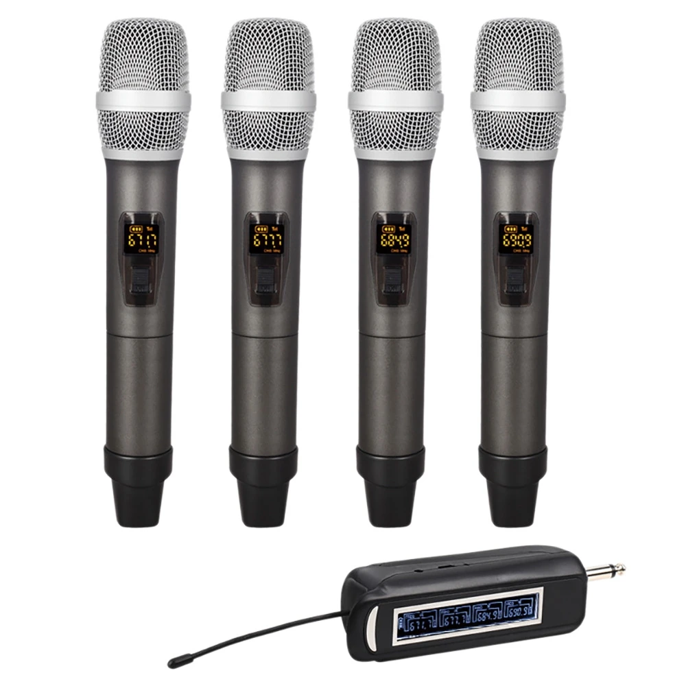 

Wireless Microphone System 4 Channel UHF Wireless Microphone Set with Four Handheld Microphones for Karaoke Weddings