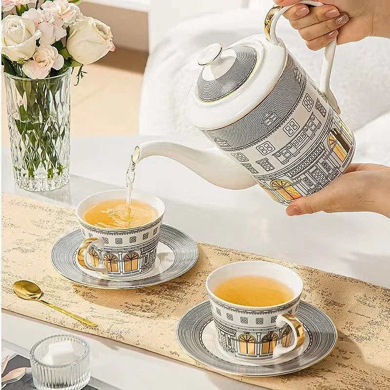 Italian Style Neuschwanstein Castle Gold Handle Coffee Cup Saucer Set Roman Architecture Teapot Afternoon Tea Porcelain Gift