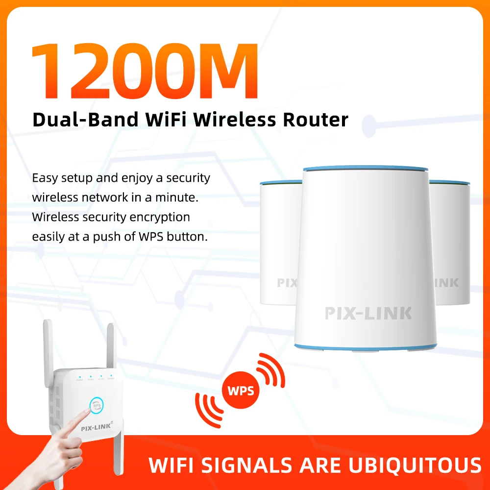 PIX-LINK 1200M Dual-Band Mesh WiFi Router Smart Wireless Internet System for Whole Home Coverage Easy Setup LV-WMS05+06