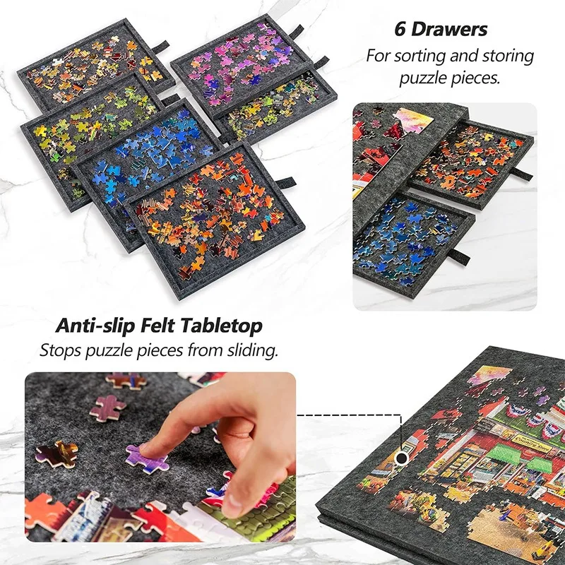 1000-piece felt puzzle tabletop with stand, foldable 6-drawer categorized felt board