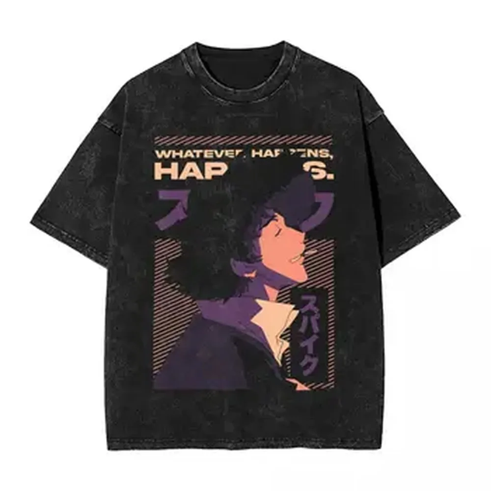 Camiseta Gráfica Vintage de Manga Cowboy Bebop Spike Spiegel, Camisetas Oversize Lavadas, Camiseta de Algodón Suave de Manga Corta para Hombre y Mujer