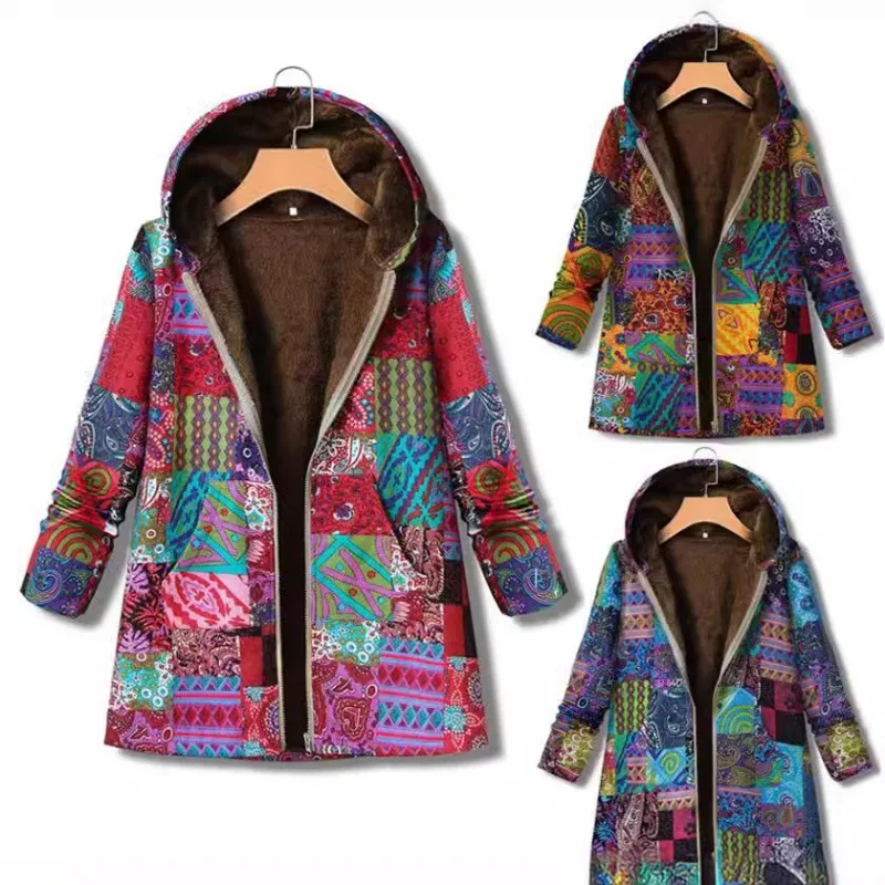 Printed Hooded Long Sleeve Coat Oversized Vintage Women Autumn Winter Warm Plush Jacket Casual Ladies Clothes